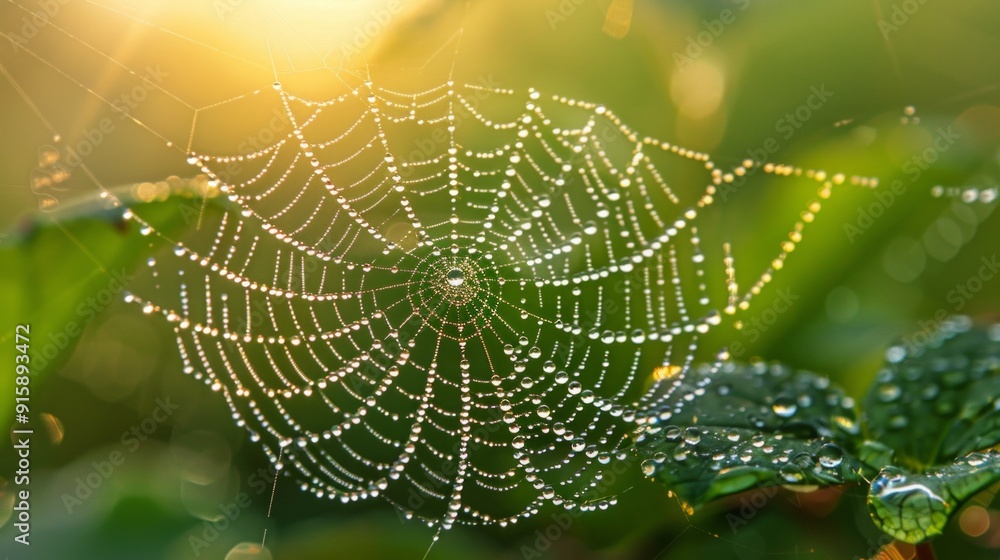 Delicate spider web adorned with dew drops sparkling in the morning sunlight, with a soft focus and blurred backdrop of greenery