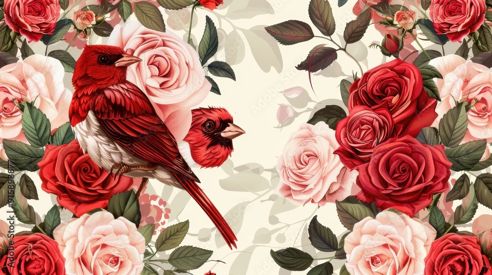 Two red cardinals rest amid blooming roses in shades of pink and red, creating a beautiful natural composition Two red cardinals rest amid blooming roses in shades of pink and red, creating a beautiful natural composition