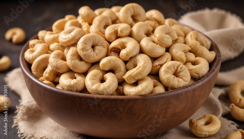 Homemade roasted salted cashews served in a bowl , Cashews roasted created with generative ai. 