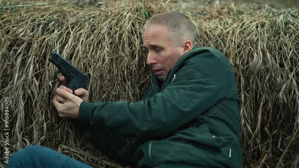 A close view of a man in green jacket and blue jeans holding a pistol, looking and tense while lying against dry grass A close view of a man in green jacket and blue jeans holding a pistol, looking and tense while lying against dry grass