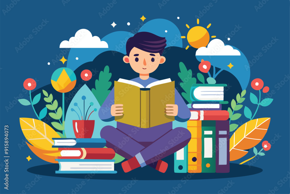 A young person reads a book while sitting among vibrant plants and colorful stacks of books, enjoying a peaceful moment in a sunny garden setting A young person reads a book while sitting among vibrant plants and colorful stacks of books, enjoying a peaceful moment in a sunny garden setting