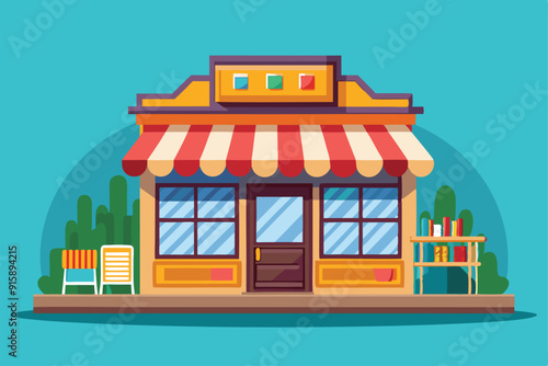 A vibrant bookshop with colorful decorations, books on a shelf, and outdoor seating, all set against a bright blue sky