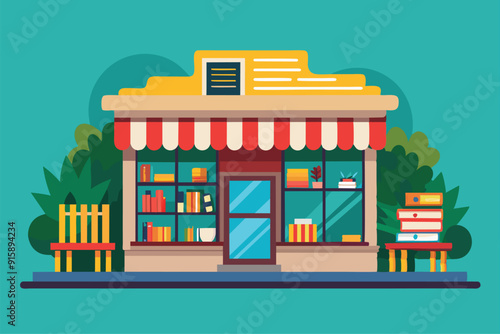 A charming bookshop features colorful bookshelves, inviting seating, and a display of plants, set against a bright, cheerful background