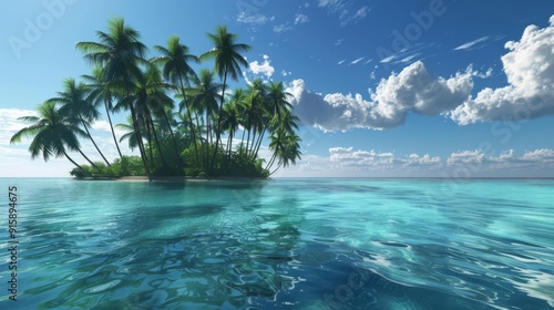 Tranquil island with clear blue waters and palm trees, serene atmosphere, tropical paradise