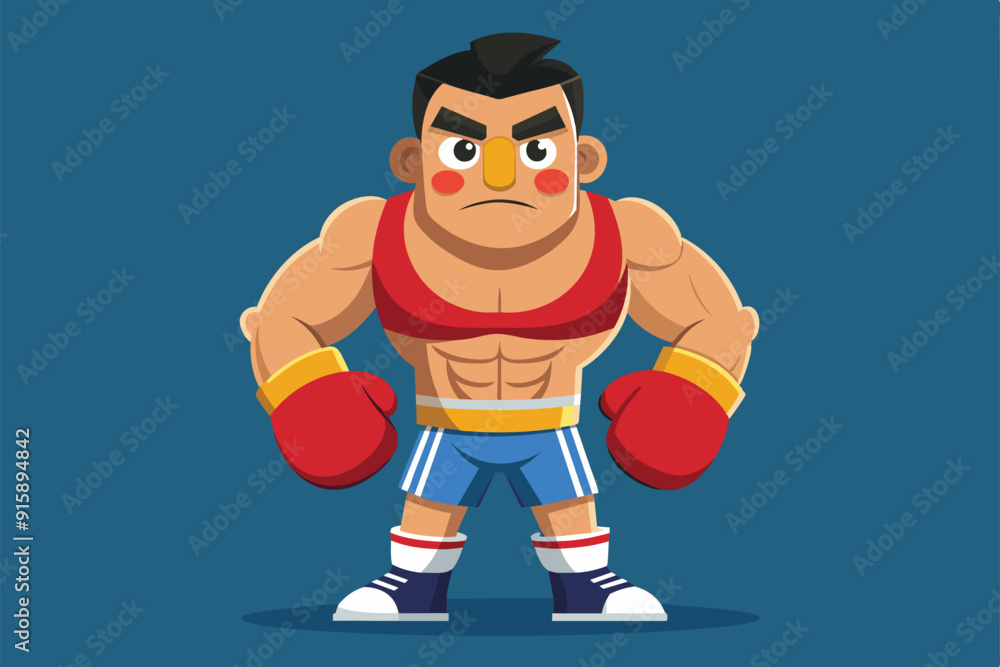 A strong cartoon boxer stands confidently with clenched fists, ready to take on an opponent in a vibrant, animated boxing arena A strong cartoon boxer stands confidently with clenched fists, ready to take on an opponent in a vibrant, animated boxing arena