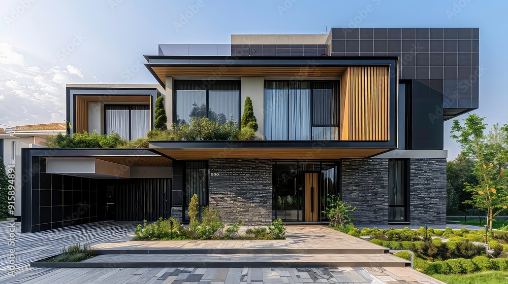 Fototapeta premium A modern house with black and brown exterior, a glass door and windows. A paved walkway leads to the entrance, with landscaping on both sides.