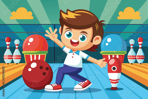 A joyful child poses with a bowling ball in a vibrant alley filled with colorful pins and equipment, capturing the spirit of fun and sportsmanship