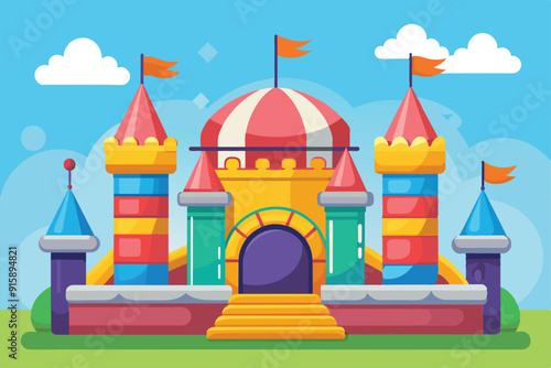 A vibrant bouncy castle awaits children for enjoyment during a sunny outdoor gathering, complete with colorful towers and playful flags