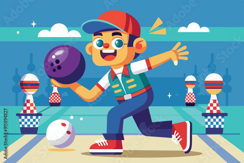 A cheerful boy throws a bowling ball down the lane in a vibrant bowling alley filled with colorful decor