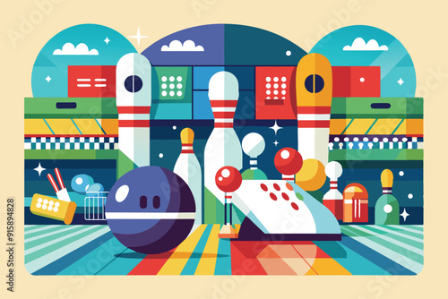 A vibrant illustration depicts a bowling alley filled with colorful balls, pins, and game equipment, showcasing a lively atmosphere for entertainment