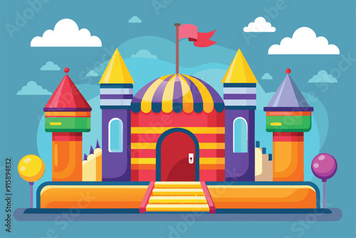 A colorful bouncy castle stands ready for children to enjoy outdoor play, featuring bright towers and a welcoming entrance