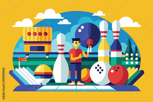 A bowler stands confidently with a ball, surrounded by colorful pins and bowling gear in a lively alley atmosphere