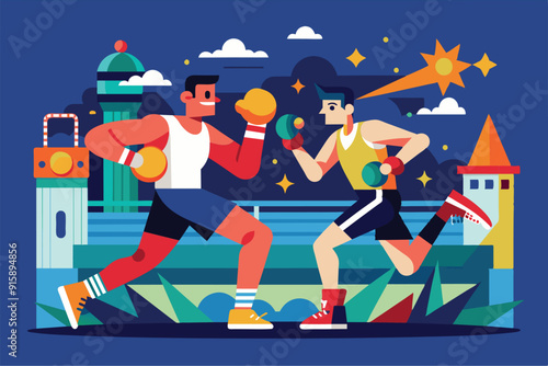 Two boxers face off in a vibrant outdoor arena, showcasing their skills as the sun sets in the background, surrounded by cheering fans
