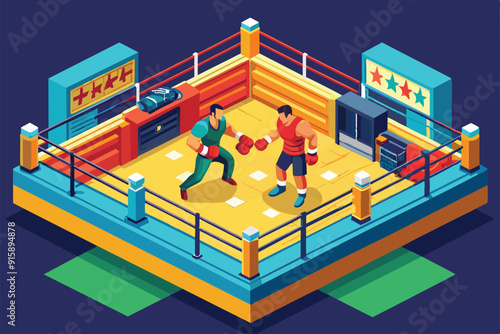 Two boxers face off in a colorful training ring, showcasing their skills in an engaging match set within an isometric perspective