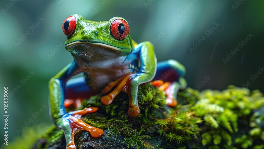 Fototapeta premium Red-Eyed Tree Frog on Mossy Branch