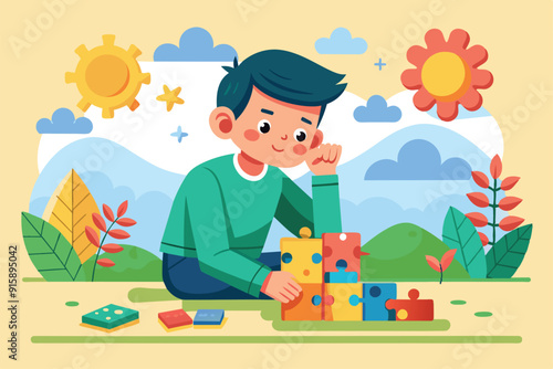 A boy is focused on putting together a colorful puzzle in a vibrant outdoor setting filled with trees and flowers