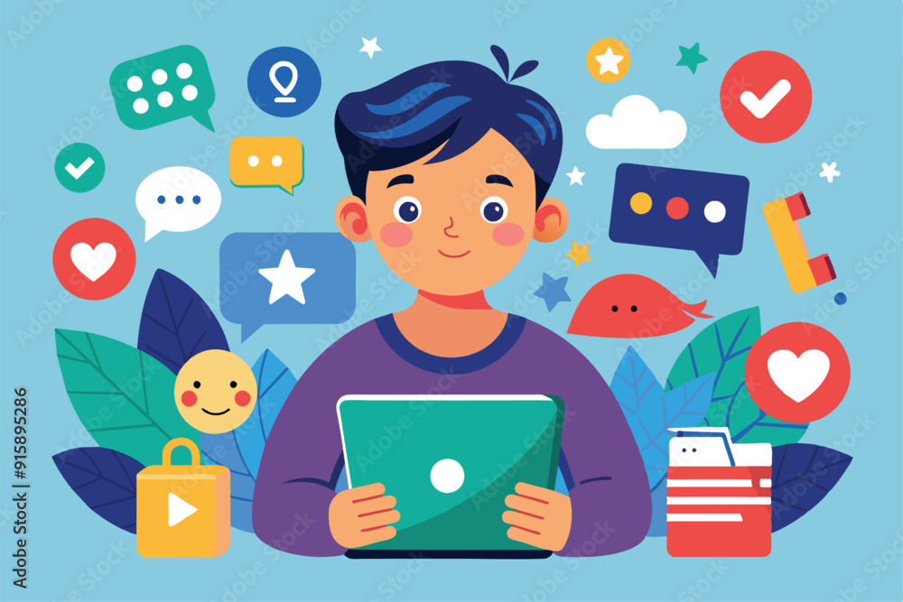 A young boy concentrates on his tablet, exploring popular social media trends surrounded by vivid, playful graphics of social media icons A young boy concentrates on his tablet, exploring popular social media trends surrounded by vivid, playful graphics of social media icons