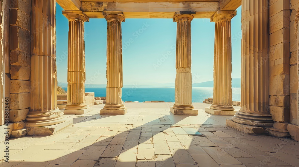 A view of the sea through an ancient colonnade, the sun casts long shadows across the worn stone floor. A view of the sea through an ancient colonnade, the sun casts long shadows across the worn stone floor.