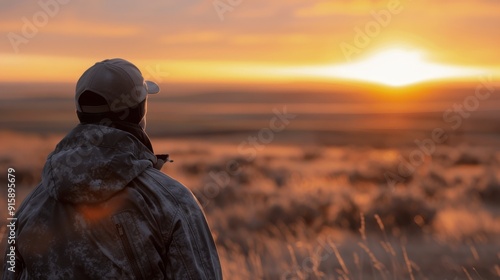 Hunter Watching Sunrise Over Serene Landscape