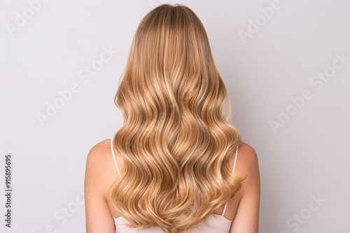 Back View of Woman with Long Wavy Blonde Hair, Natural Beauty, Minimalist Style, Ideal for Haircare Marketing and Beauty Products, Isolated Portrait with Ample Copyspace, Perfect for Advertisements