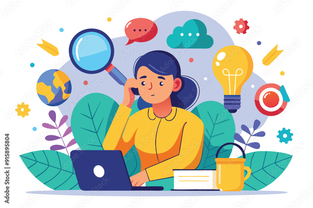 A thoughtful individual engages in brainstorming, using a laptop while surrounded by icons representing creativity and research A thoughtful individual engages in brainstorming, using a laptop while surrounded by icons representing creativity and research