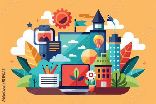 A colorful illustration showcases brand creation elements, featuring buildings, plants, and digital devices, symbolizing innovation and creativity