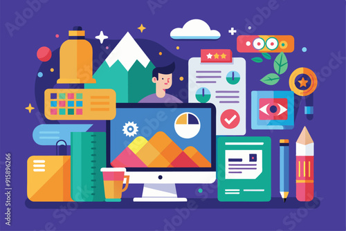 A vibrant flat illustration illustrates various brand guidelines, depicting elements of design, analytics, and creativity in a colorful composition