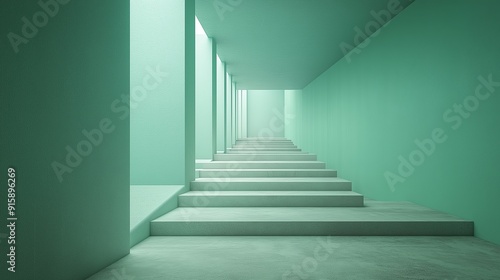 A minimalist interior featuring a series of steps in a mint green corridor with soft lighting