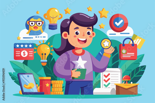A cheerful child holds a star award, surrounded by icons representing brand loyalty, creativity, and achievements in a vibrant and engaging environment