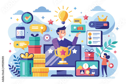 Wallpaper Mural A vibrant digital illustration showcases customizable brand loyalty elements, featuring characters engaged in promoting products and collecting rewards Torontodigital.ca