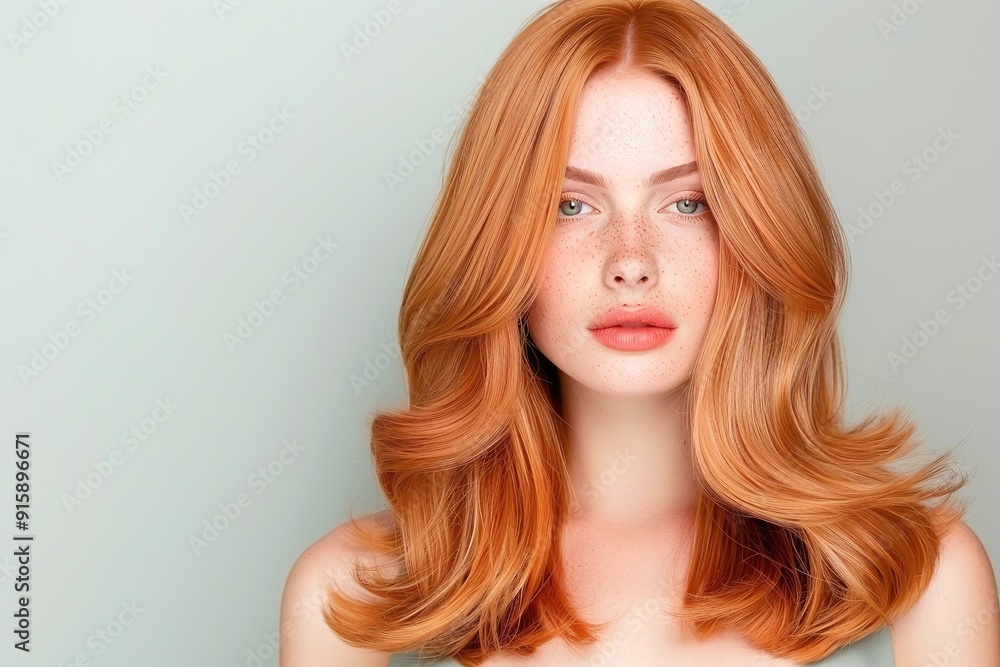Naklejka premium Redhead Woman with Wavy Hair, Minimalist Beauty Portrait, Soft Lighting, Neutral Background, Modern and Elegant Look, Fashion Image with Copy Space for Text