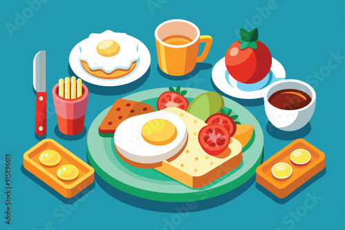 A vibrant breakfast setup featuring eggs, toast, fruits, and beverages, showcasing customizable meal options for a delightful morning