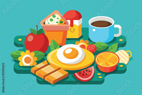 A vibrant breakfast arrangement with an egg, fruits, and drinks, showcasing a variety of customizable options to start the day right