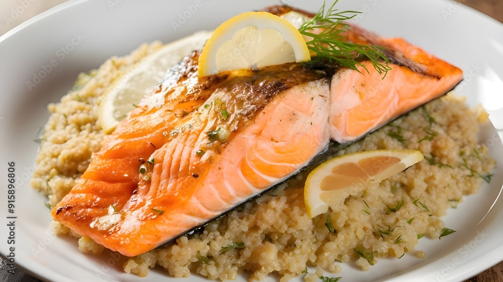 A freshly-caught salmon, sitting atop a bed of lemon-infused quinoa. A freshly-caught salmon, sitting atop a bed of lemon-infused quinoa.
