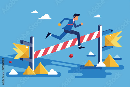 A person is seen running swiftly over a barrier, symbolizing the act of overcoming challenges in a vibrant and engaging landscape