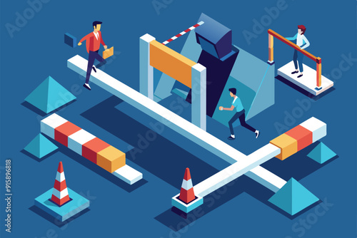 This illustration depicts individuals navigating obstacles in a vibrant, customizable environment, illustrating their journey toward overcoming barriers