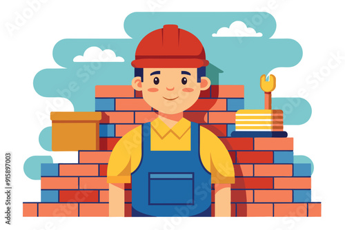 A bricklayer stands confidently among bricks, showcasing skills with tools and materials in a vibrant construction environment during daytime