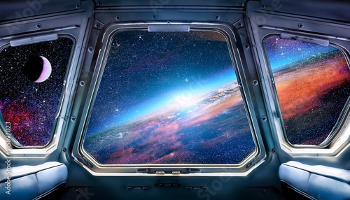 Stunning space banner featuring a panoramic view from a spaceship's window.