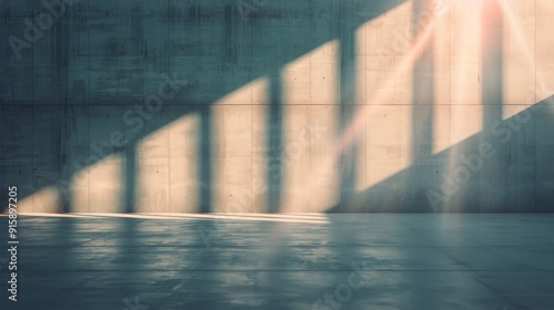 Sunlight Casting Geometric Shadows on a Concrete Wall in a Minimalist Interio...