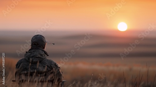 Hunter Watching Sunrise Over Serene Landscape