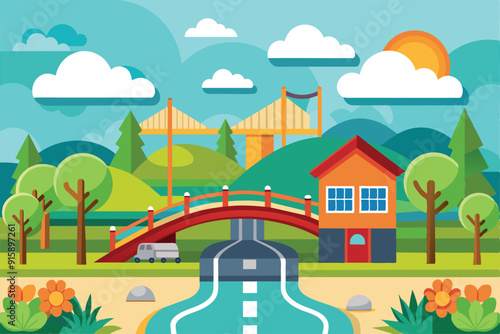A picturesque bridge road curves through lush greenery, with a house nearby and mountains in the background, illuminated by the warm morning sun