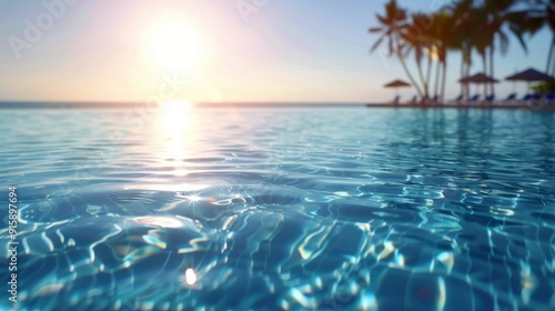 Serene Sunset Over Calm Swimming Pool at Tropical Resort