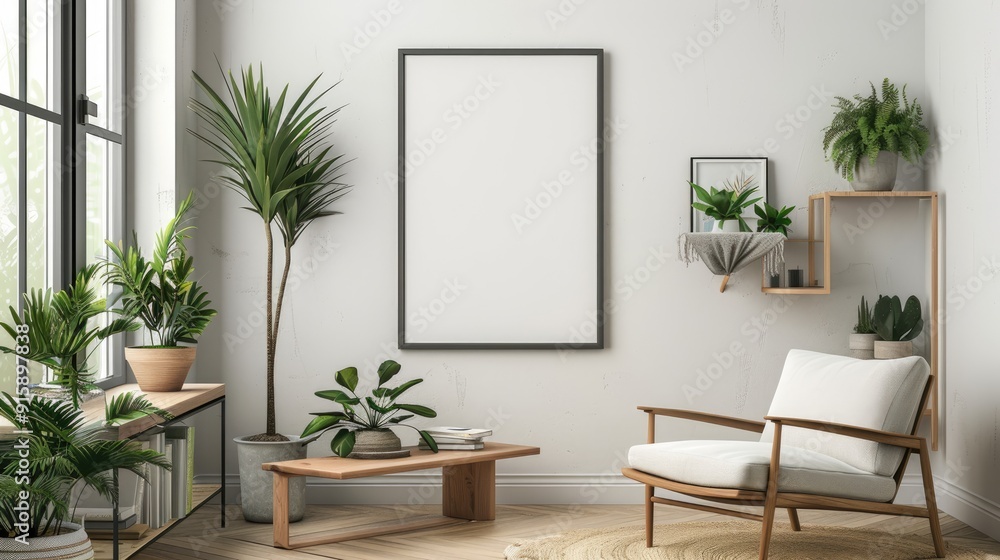 Chic living room decor with framed poster, chair, shelf, table, plants, and accessories. Home staging. Blank template. Chic living room decor with framed poster, chair, shelf, table, plants, and accessories. Home staging. Blank template.