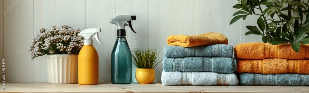 Towels and a spray bottle sit on a shelf next to a plant, cleaning service Towels and a spray bottle sit on a shelf next to a plant, cleaning service
