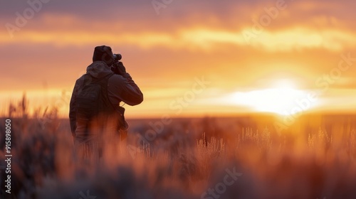 Hunter Watching Sunrise Over Serene Landscape