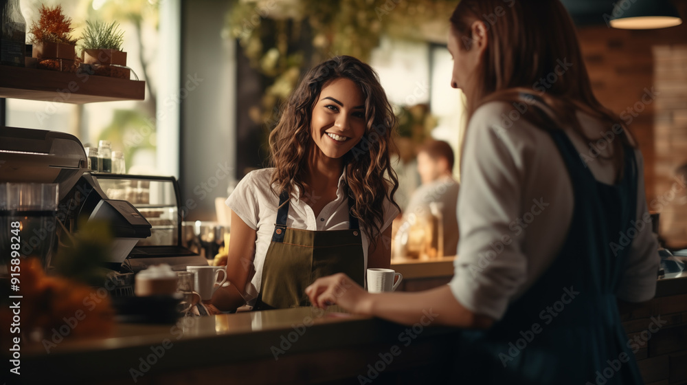 A barista serving a customer at a cozy caf?, showcasing friendly interaction. A barista serving a customer at a cozy caf?, showcasing friendly interaction.