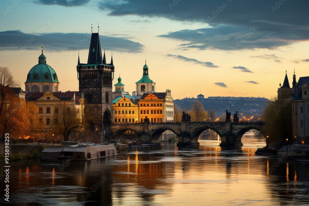 landscape with Vltava river, Charles Bridge and boat landscape with Vltava river, Charles Bridge and boat