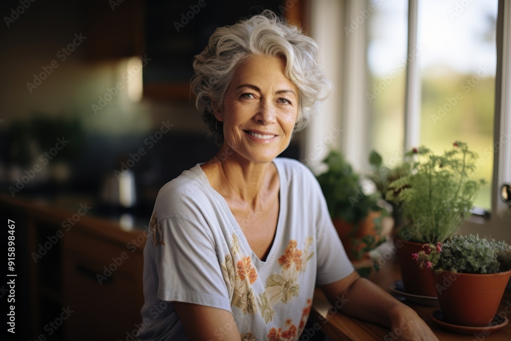Smiling middle aged woman sitting on sofa at home, single mature senior in living room Smiling middle aged woman sitting on sofa at home, single mature senior in living room