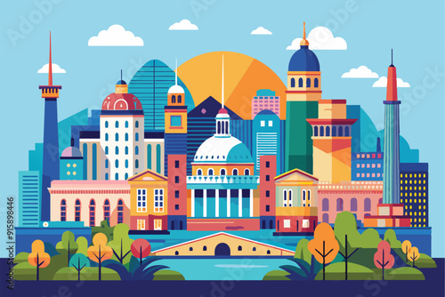 This artwork showcases the vibrant architectural landscape of Buenos Aires, featuring colorful buildings, a serene river, and a bright sunset backdrop