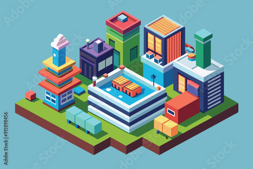 A vibrant urban landscape features colorful buildings surrounding a central pool with tables, showcasing an inviting, playful architectural design